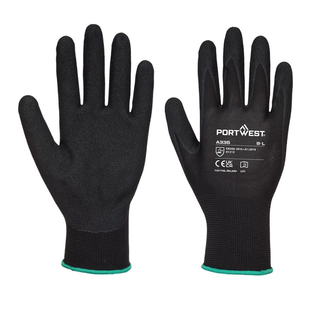 A pair of black disposable nitrile gloves with a textured fingertip for grip, offering protection against chemicals and contaminants.