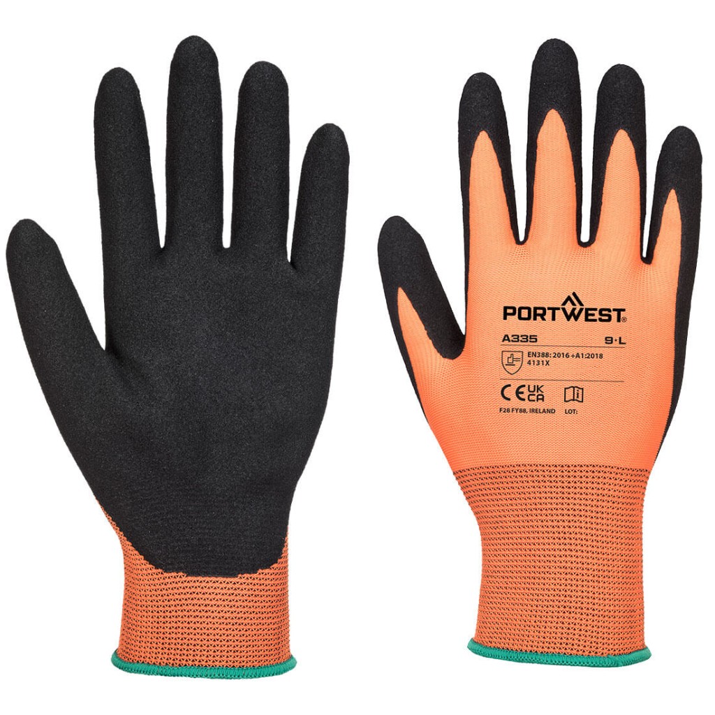 A pair of orange disposable nitrile gloves with a textured fingertip for grip, offering protection against chemicals and contaminants.