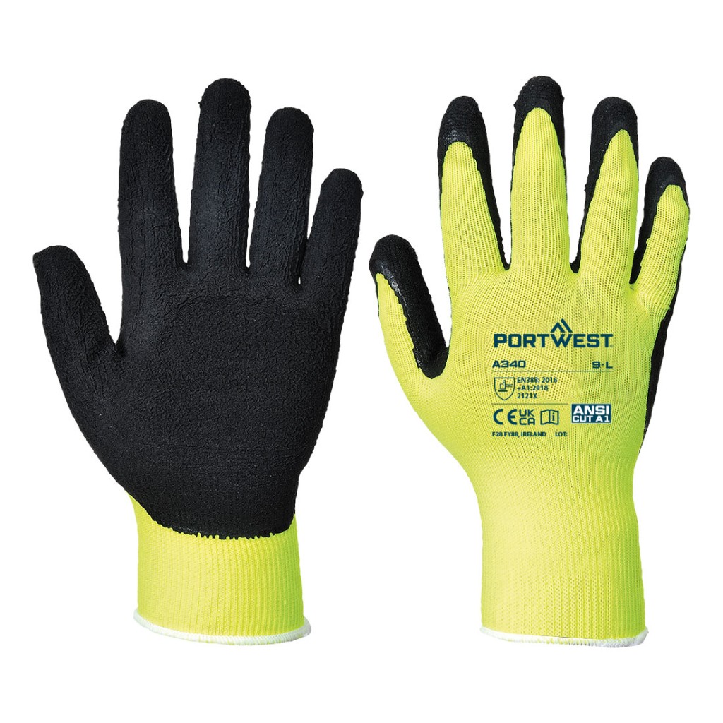 A pair of high-visibility yellow disposable nitrile gloves with a textured fingertip for grip, offering protection against chemicals and contaminants.