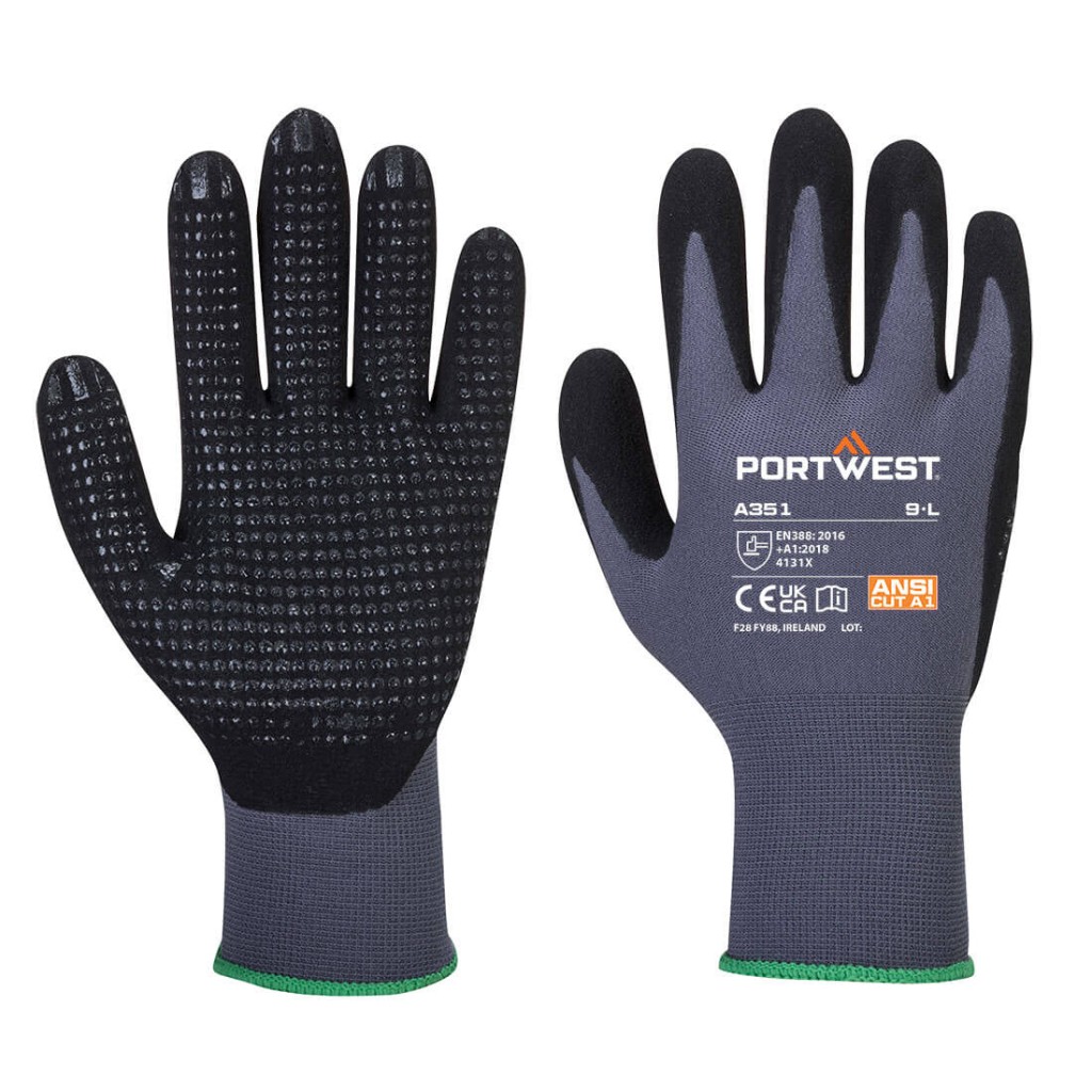A pair of grey disposable nitrile gloves with a textured fingertip for grip, offering protection against chemicals and contaminants.