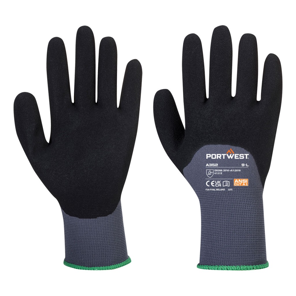 A pair of grey disposable nitrile gloves with a textured fingertip for grip, offering protection against chemicals and contaminants.