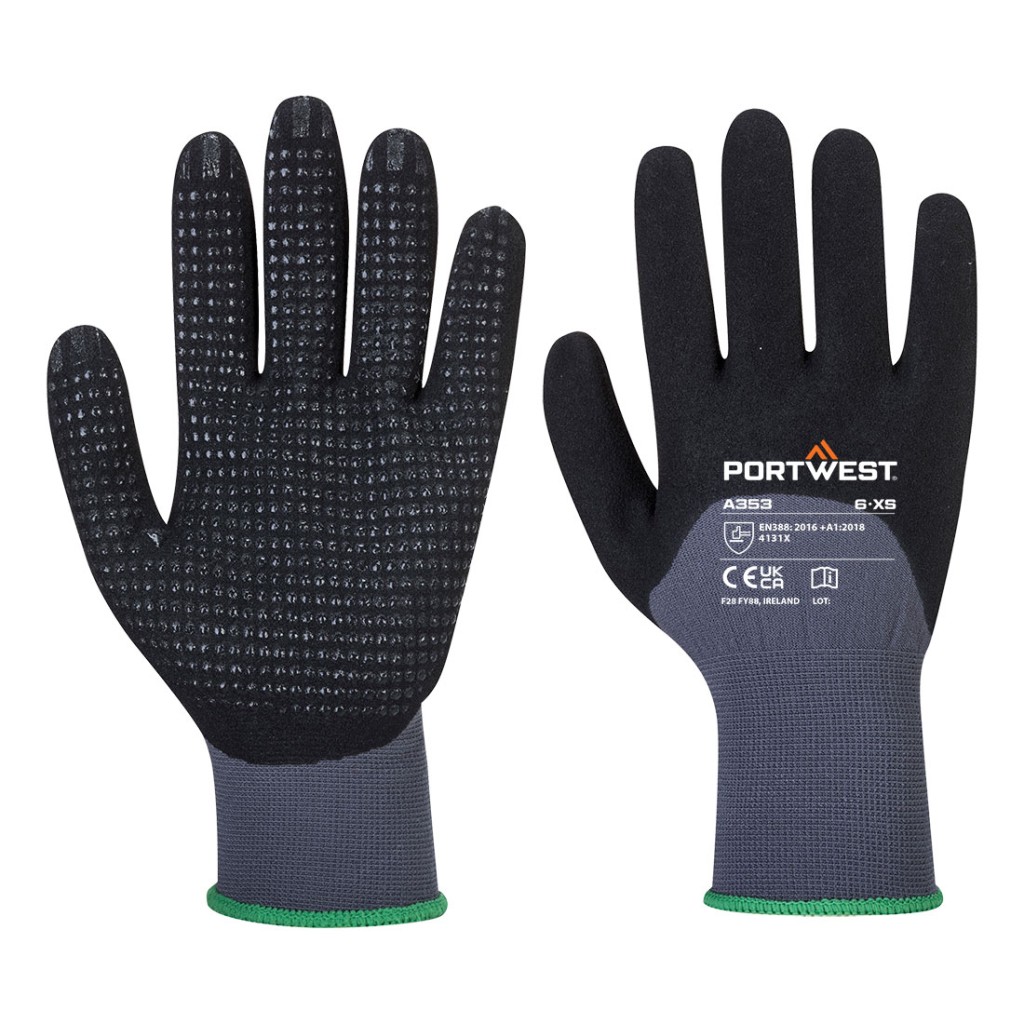 A pair of grey disposable nitrile gloves with a textured fingertip for grip, offering protection against chemicals and contaminants.