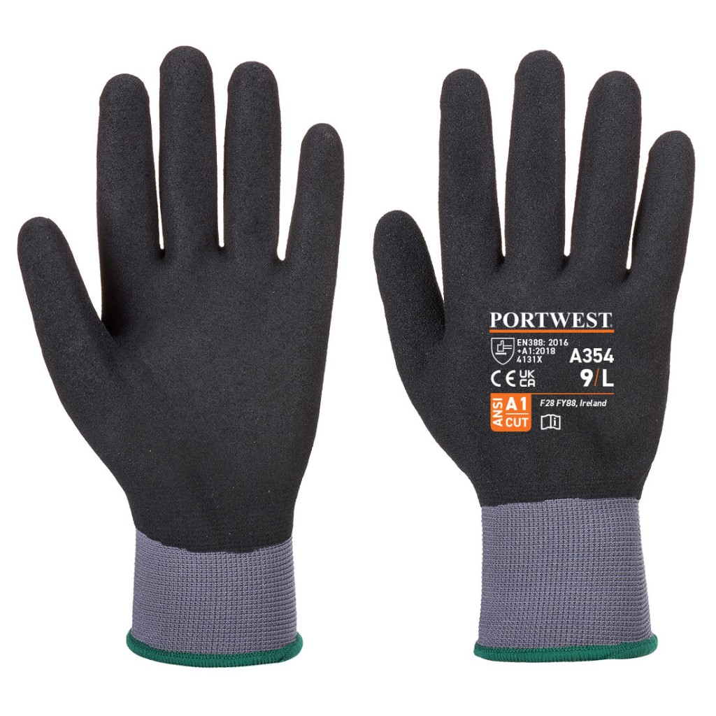 A pair of black disposable nitrile gloves with a textured fingertip for grip, offering protection against chemicals and contaminants.