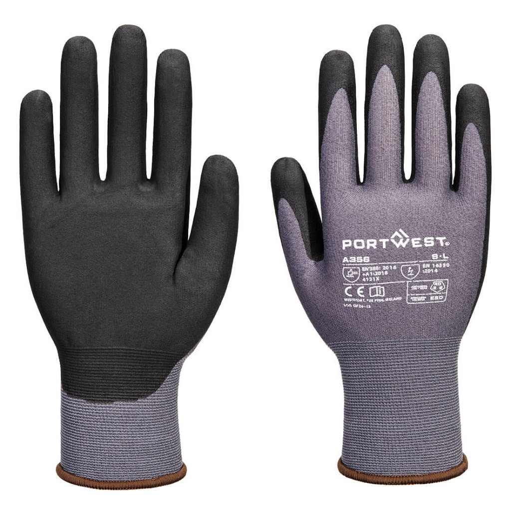 A pair of grey disposable nitrile gloves with a textured fingertip for grip, offering protection against chemicals and contaminants.