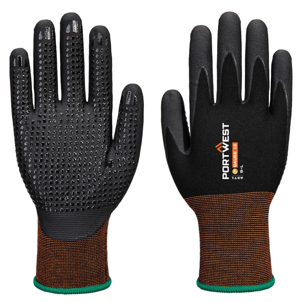 A pair of black disposable nitrile gloves with a textured fingertip for grip, offering protection against chemicals and contaminants.