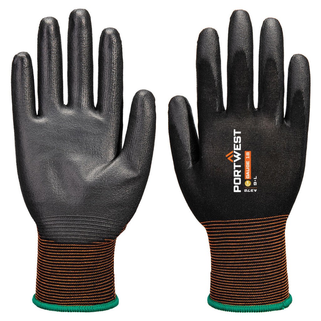 A pair of black work gloves with a textured grip palm and adjustable wrist closure, designed for general site use.