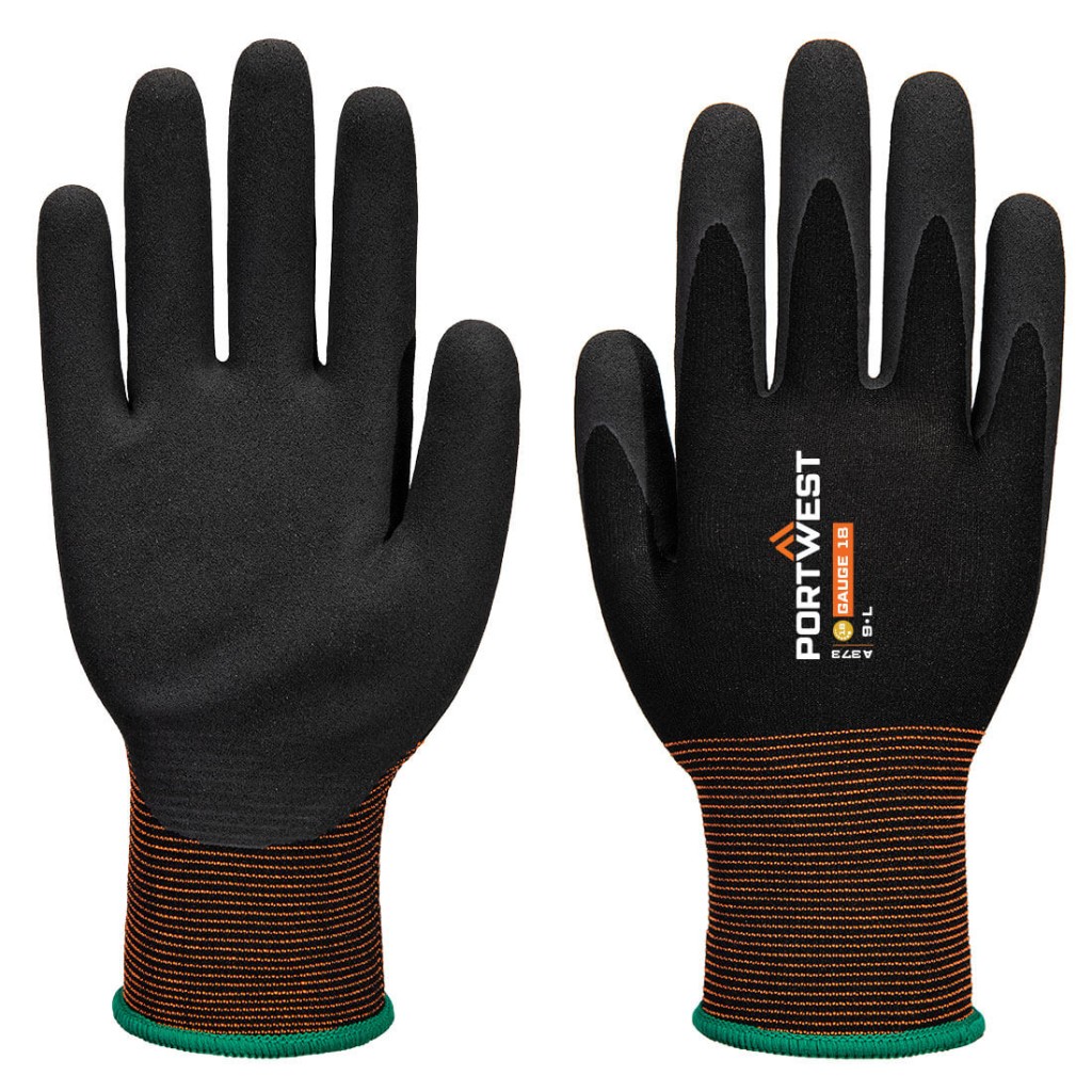 A pair of black disposable nitrile gloves with a textured fingertip for grip, offering protection against chemicals and contaminants.