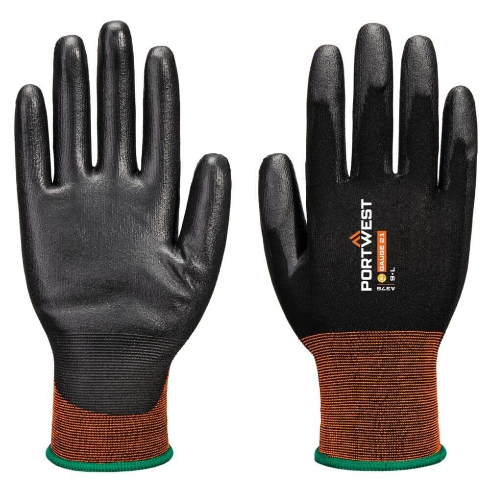 A pair of black work gloves with a textured grip palm and adjustable wrist closure, designed for general site use.