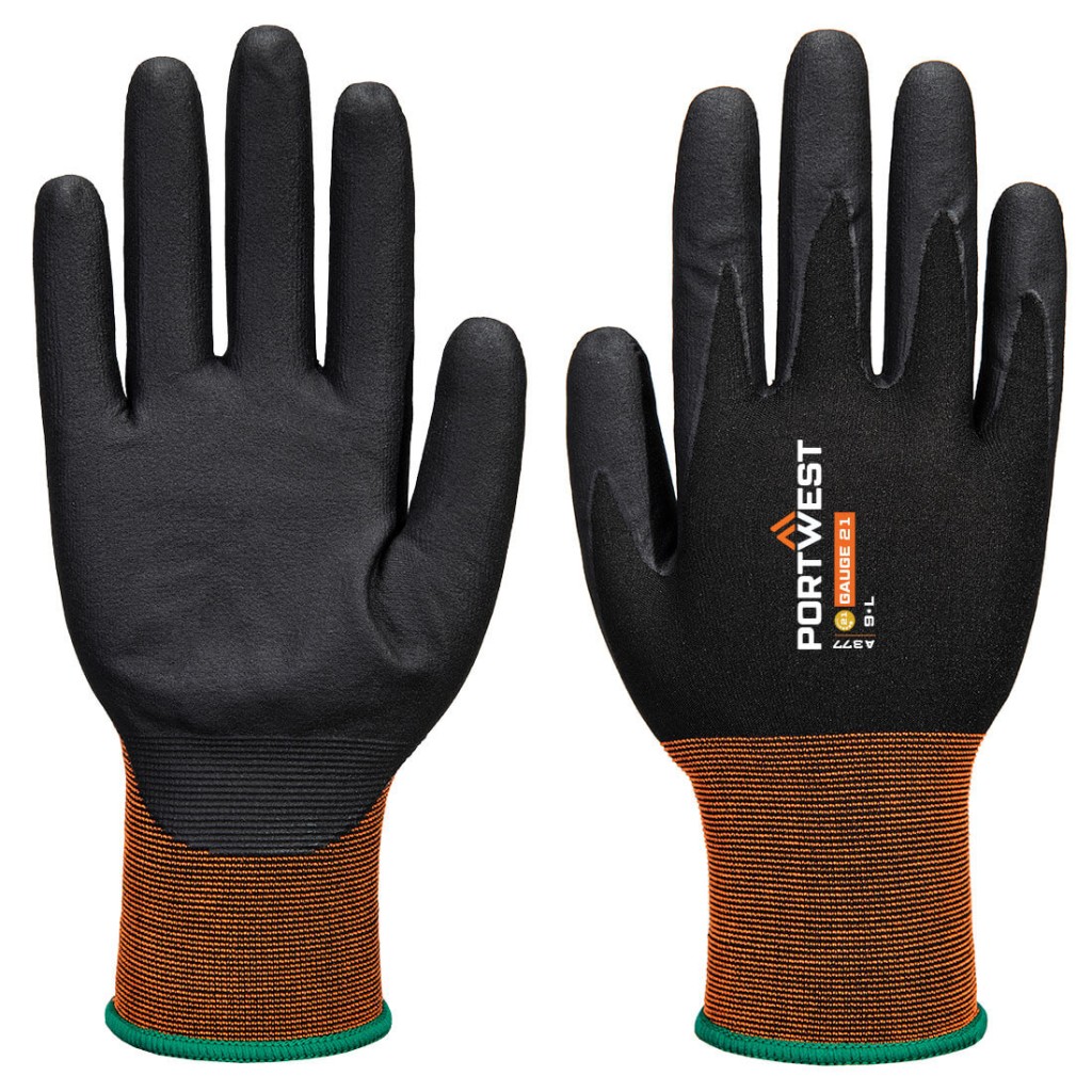 A pair of black disposable nitrile gloves with a textured fingertip for grip, offering protection against chemicals and contaminants.