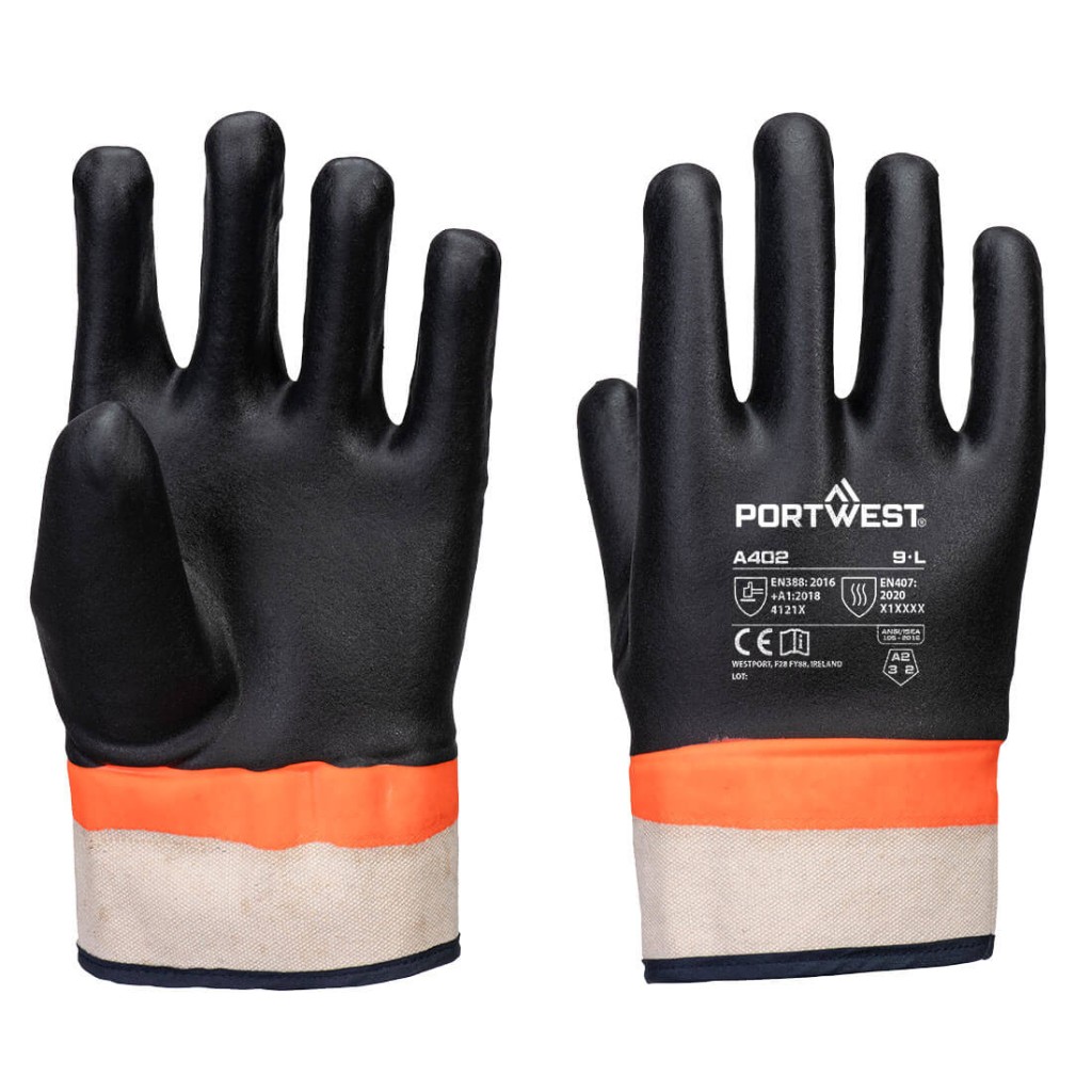 A pair of black work gloves with a textured grip palm and adjustable wrist closure, designed for general site use.