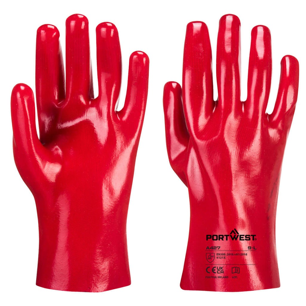 A red workwear garment designed for use on construction sites and in industrial work environments.,