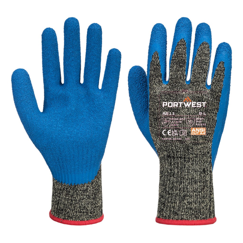 A pair of black work gloves with cut-level D10 protection, a textured grip palm, and an elasticated cuff for a secure fit.