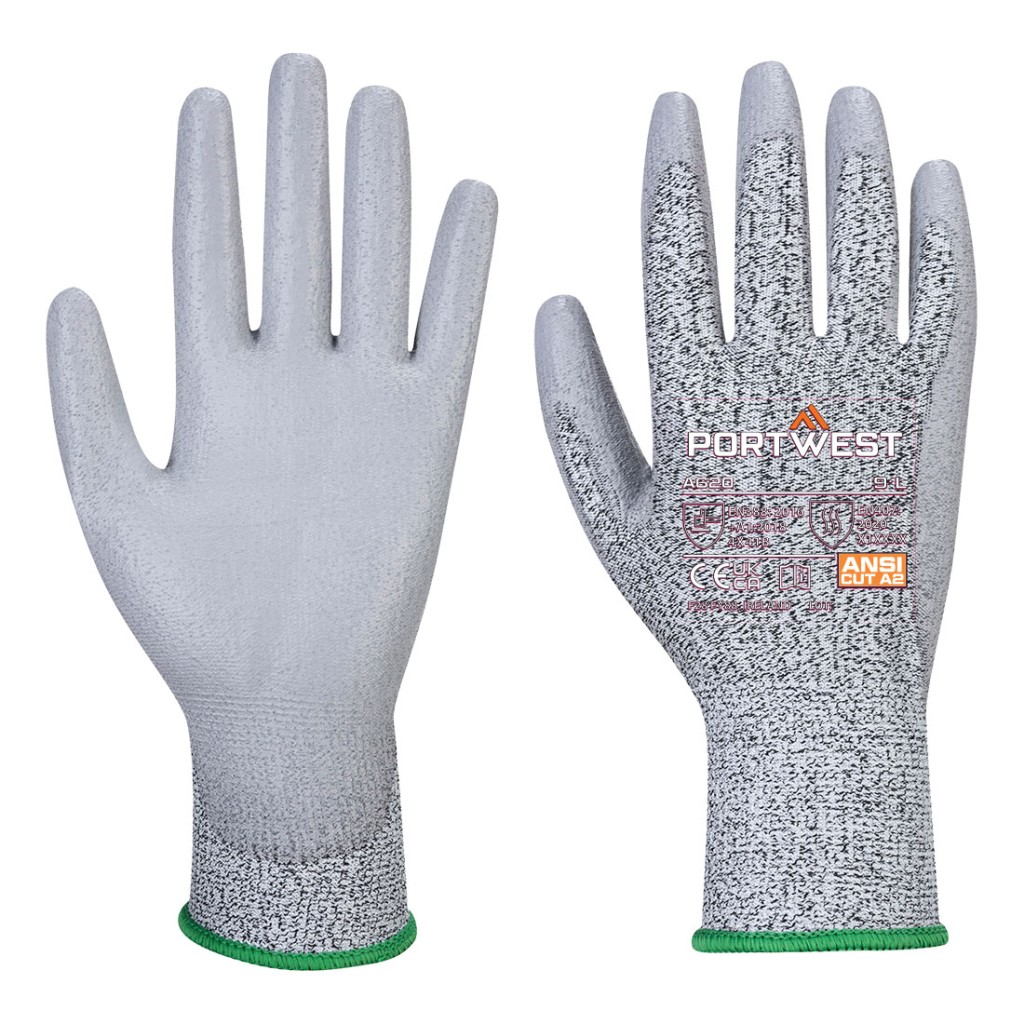 A pair of grey work gloves with a textured grip palm and adjustable wrist closure, designed for general site use.