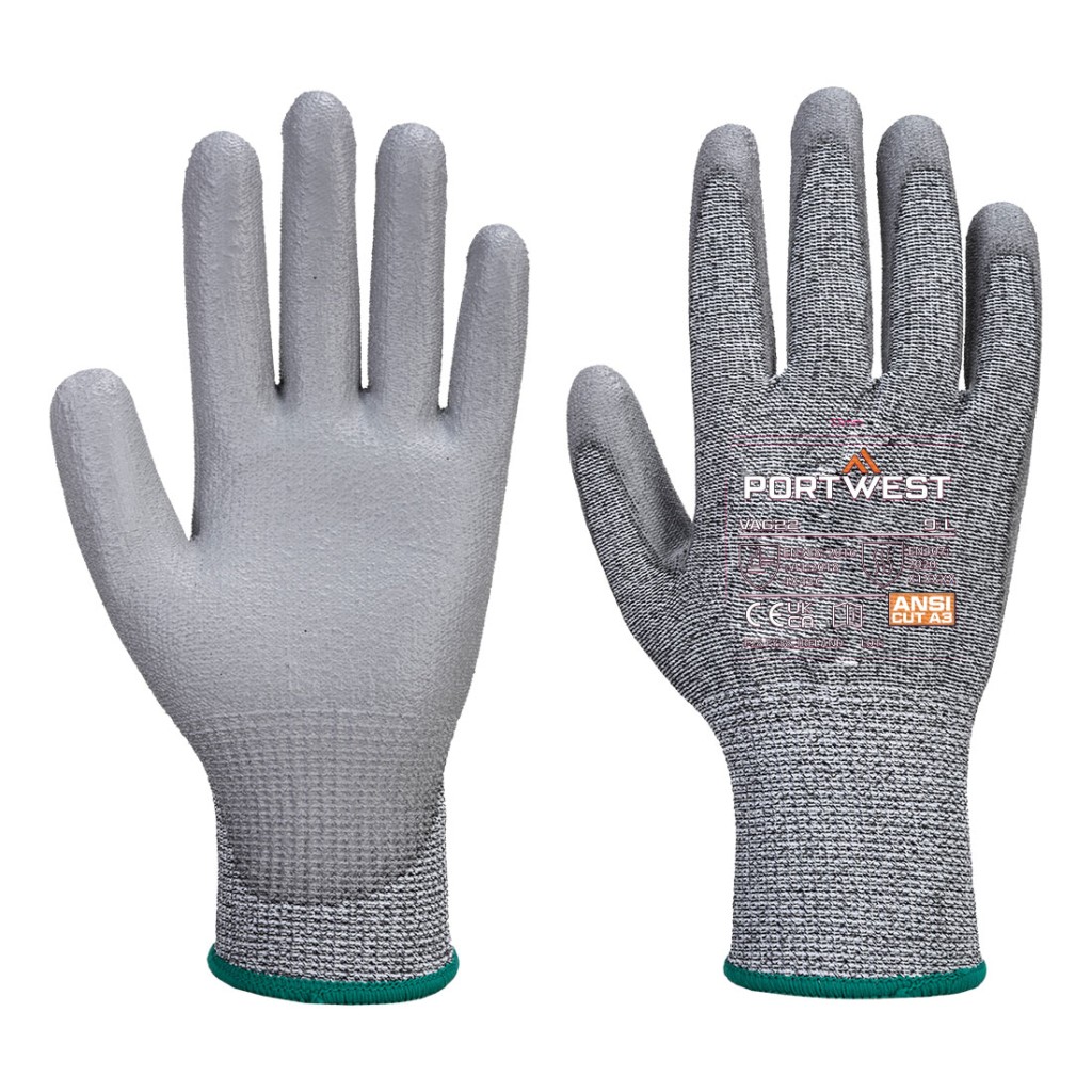A pair of grey work gloves with cut-level C13 protection, a textured grip palm, and an elasticated cuff for a secure fit.