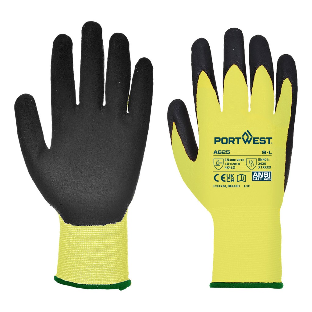 A pair of yellow work gloves with cut-level D13 protection, a textured grip palm, and an elasticated cuff for a secure fit.
