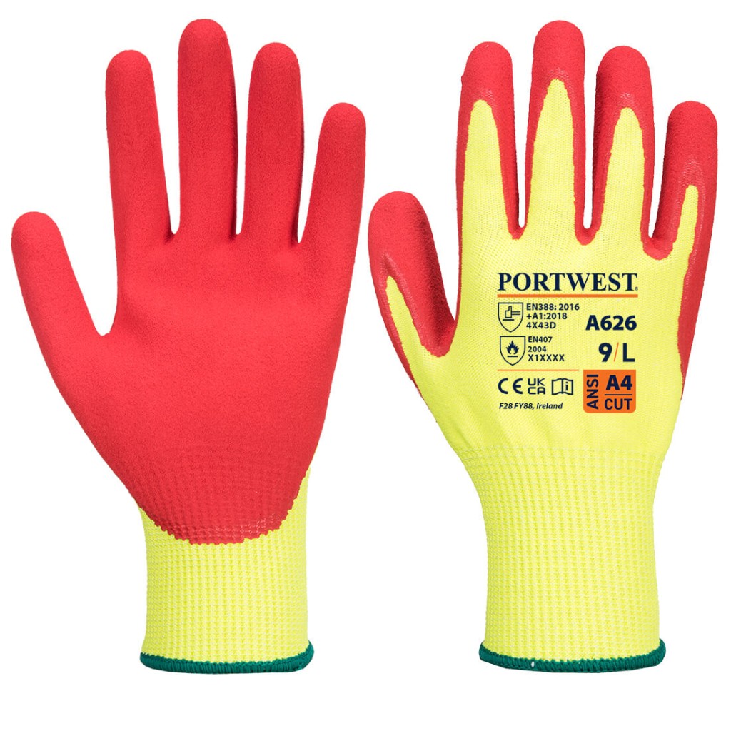 A pair of yellow work gloves with cut-level D13 protection, a textured grip palm, and an elasticated cuff for a secure fit.