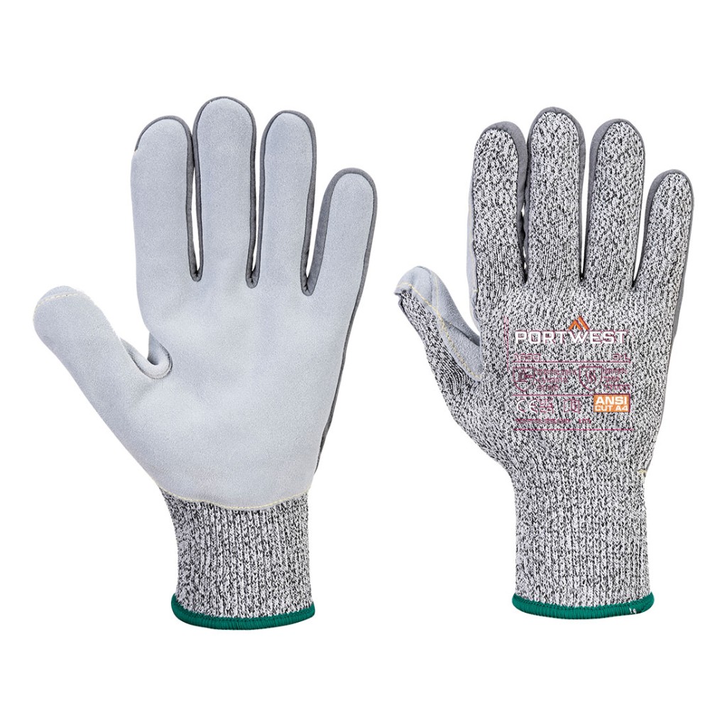A pair of grey work gloves with cut-level D13 protection, a textured grip palm, and an elasticated cuff for a secure fit.