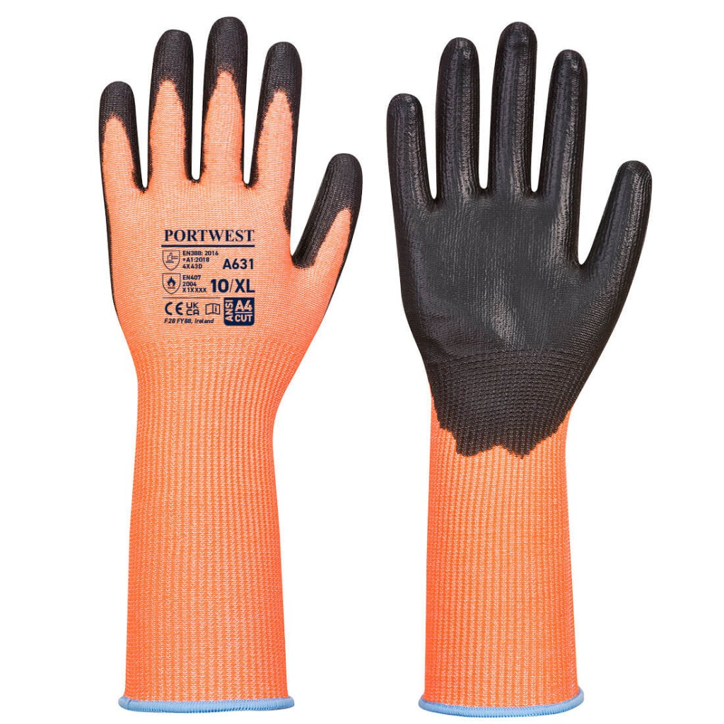 A pair of orange work gloves with a textured grip palm and adjustable wrist closure, designed for general site use.