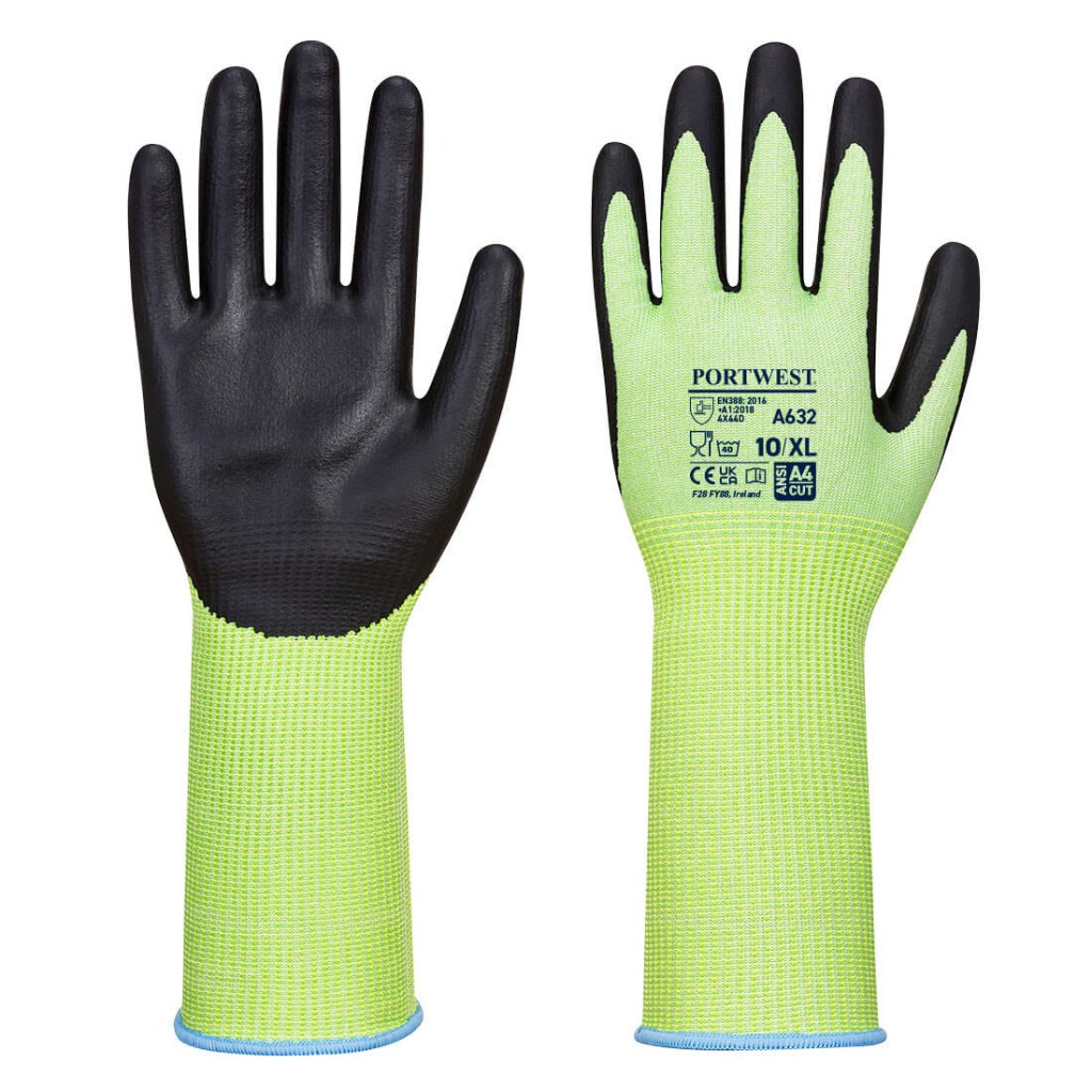 A pair of green work gloves with cut-level D13 protection, a textured grip palm, and an elasticated cuff for a secure fit.