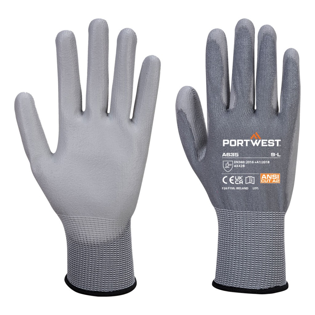 A pair of grey work gloves with a textured grip palm and adjustable wrist closure, designed for general site use.