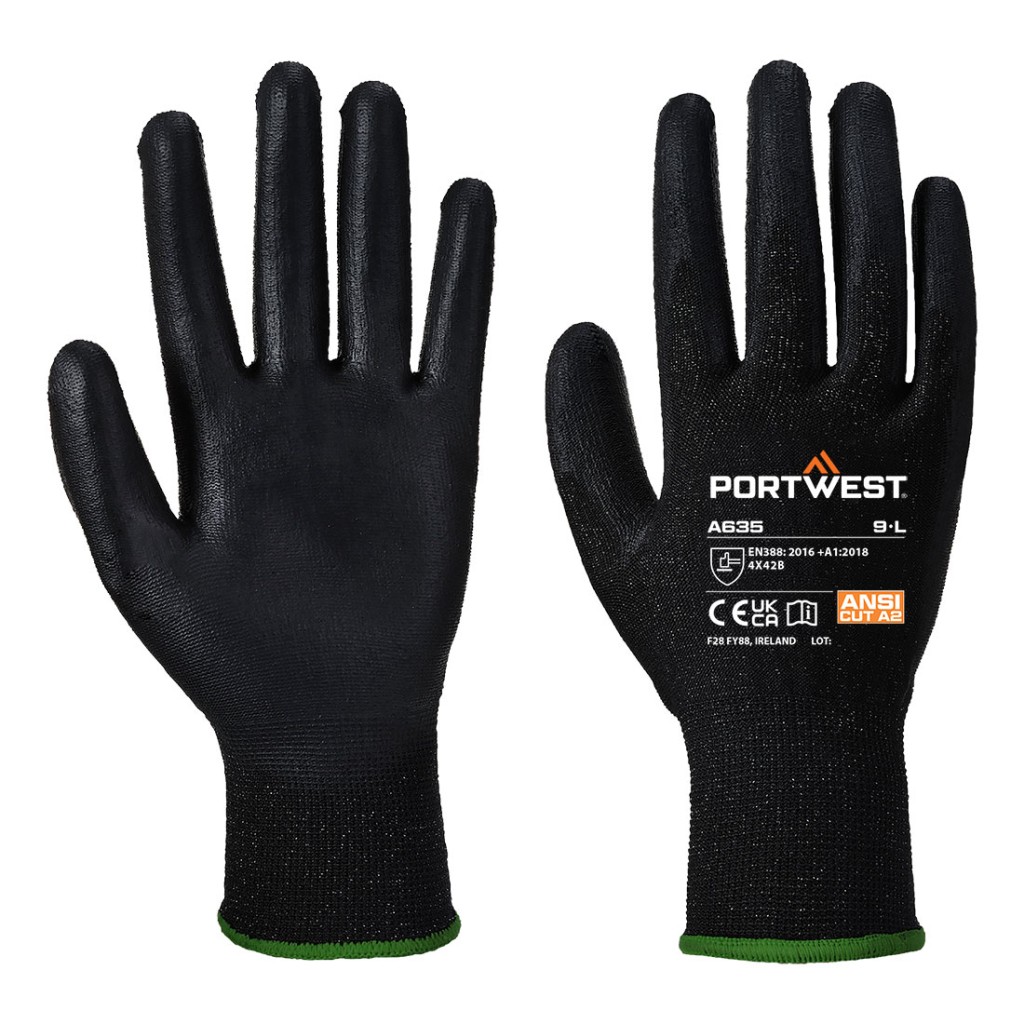 A pair of black work gloves with a textured grip palm and adjustable wrist closure, designed for general site use.
