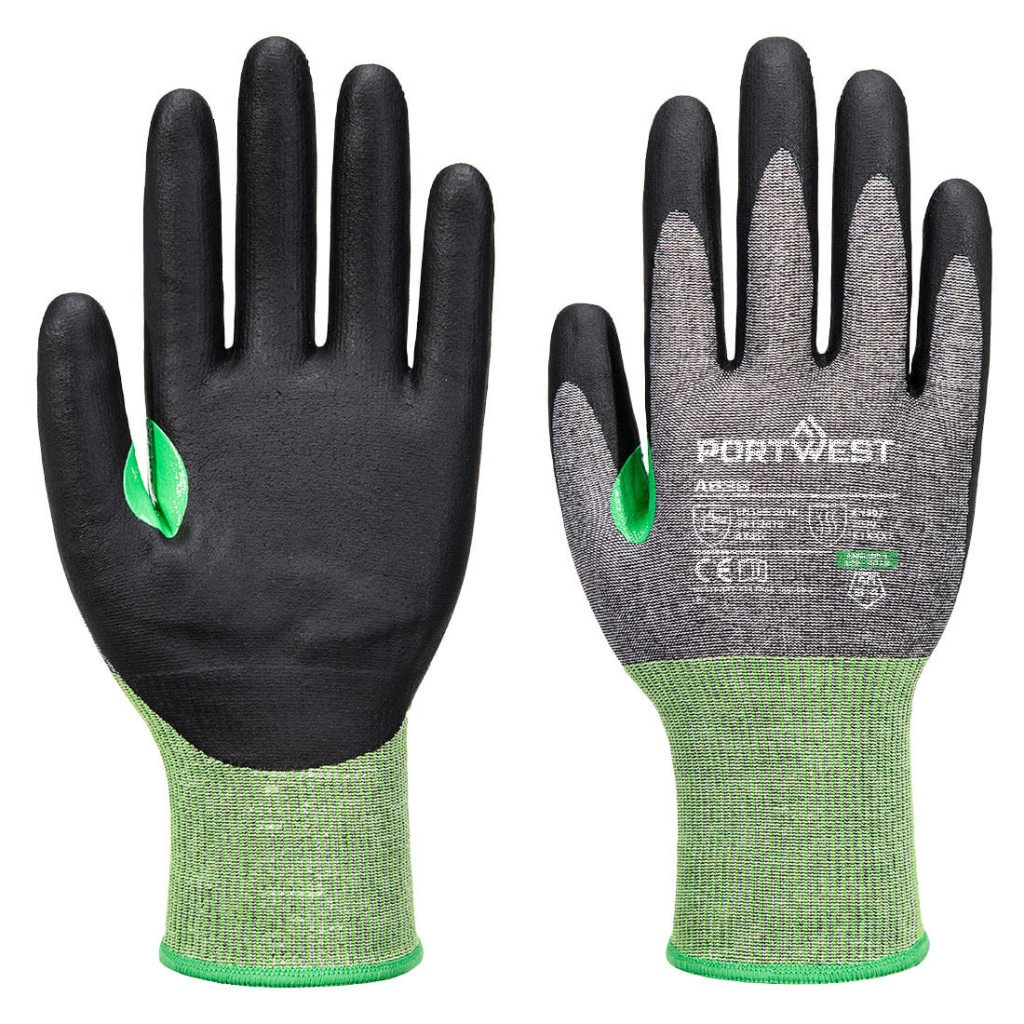 A pair of grey work gloves with cut-level C18 protection, a textured grip palm, and an elasticated cuff for a secure fit.