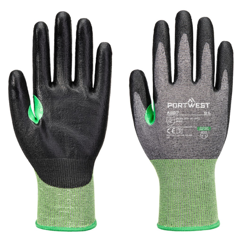 A pair of grey work gloves with cut-level C18 protection, a textured grip palm, and an elasticated cuff for a secure fit.