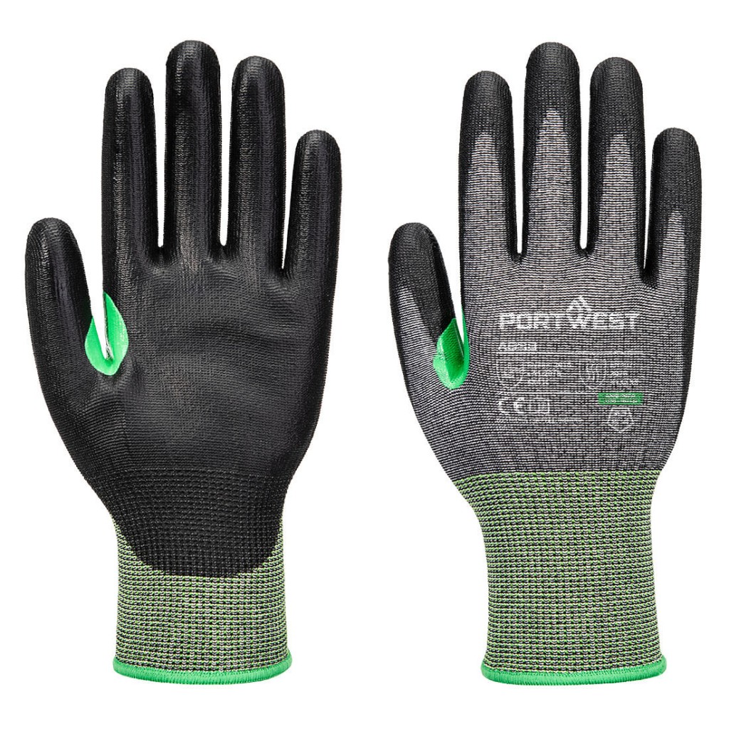 A pair of grey work gloves with cut-level C15 protection, a textured grip palm, and an elasticated cuff for a secure fit.