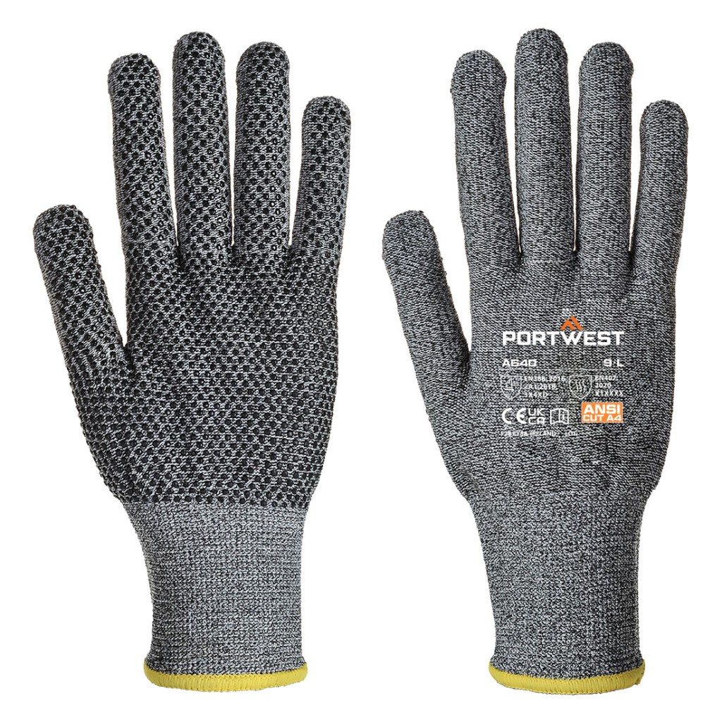 A pair of grey work gloves with cut-level D13 protection, a textured grip palm, and an elasticated cuff for a secure fit.