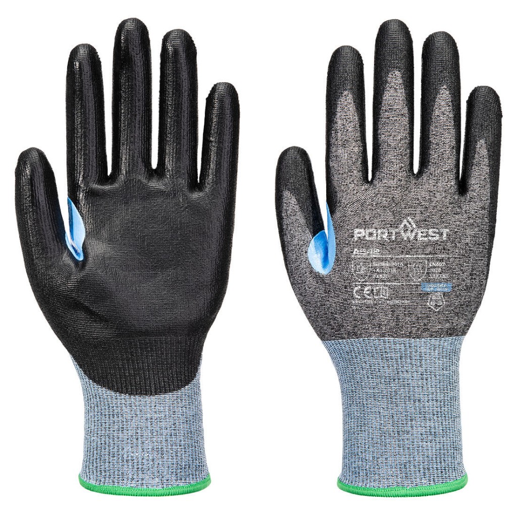 A pair of grey work gloves with cut-level D18 protection, a textured grip palm, and an elasticated cuff for a secure fit.