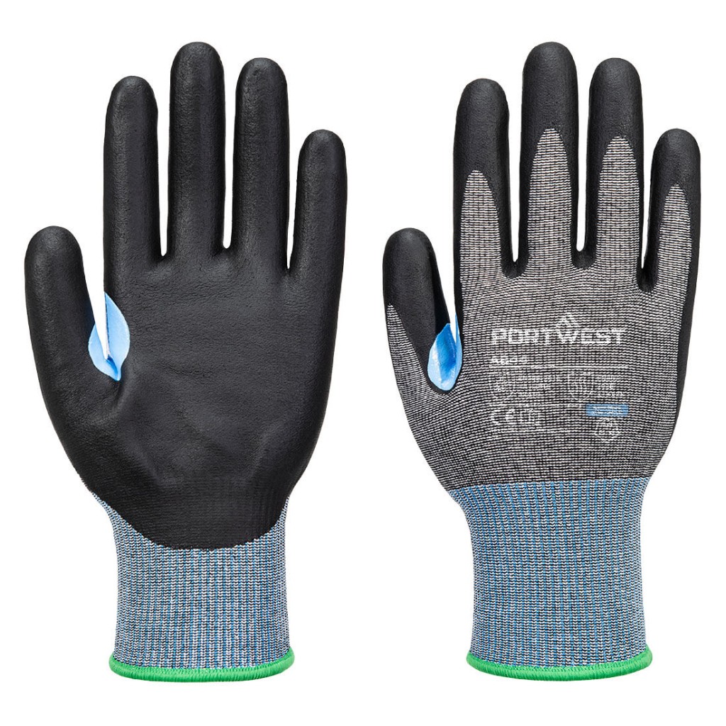A pair of grey work gloves with cut-level D15 protection, a textured grip palm, and an elasticated cuff for a secure fit.