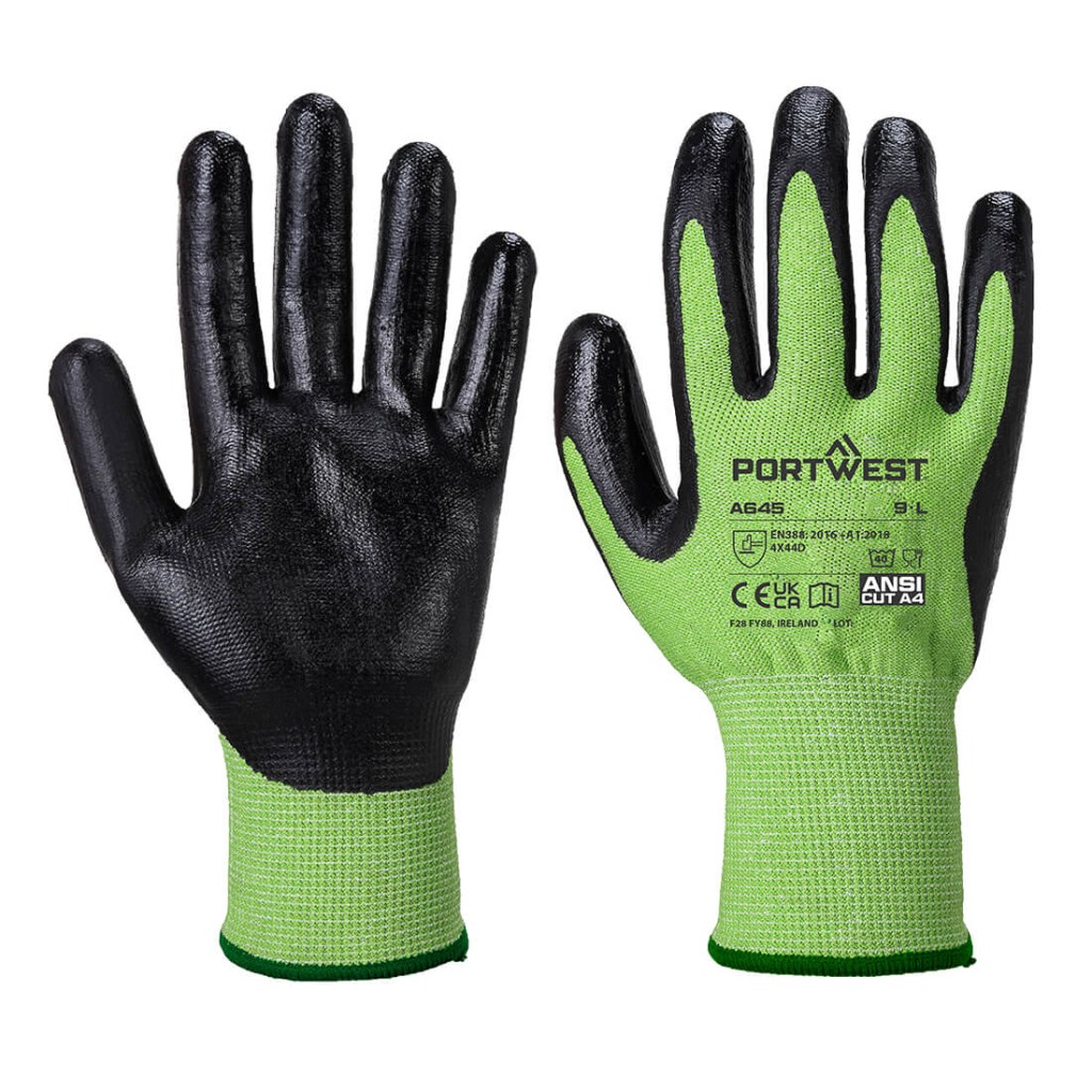 A pair of green work gloves with cut-level D13 protection, a textured grip palm, and an elasticated cuff for a secure fit.