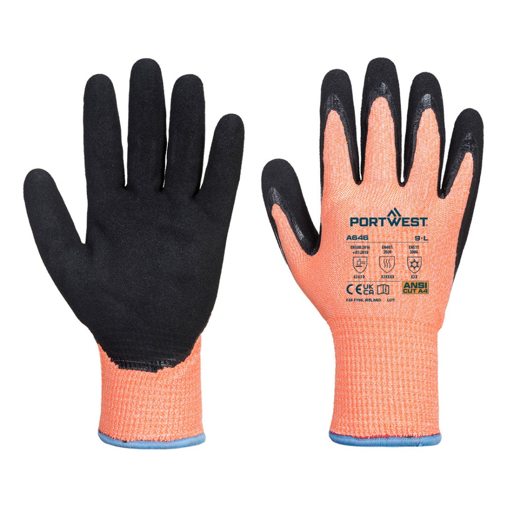 A pair of orange work gloves with cut-level D13 protection, a textured grip palm, and an elasticated cuff for a secure fit.