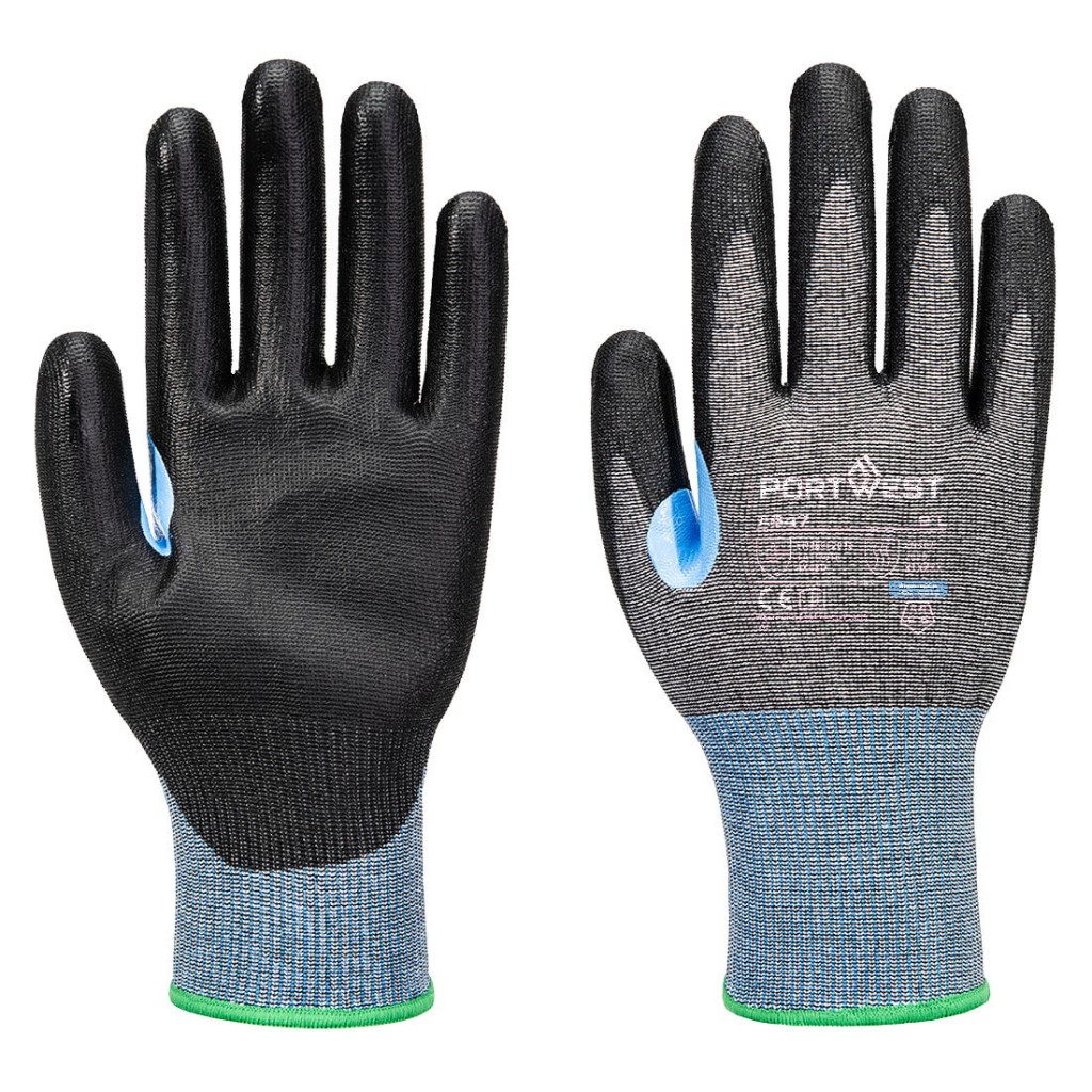 A pair of grey work gloves with cut-level D15 protection, a textured grip palm, and an elasticated cuff for a secure fit.