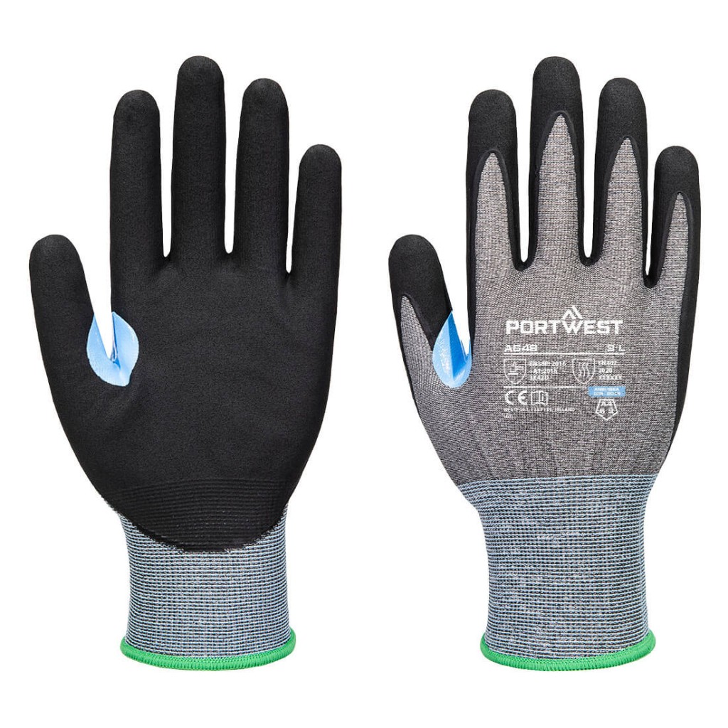 A pair of grey work gloves with cut-level D21 protection, a textured grip palm, and an elasticated cuff for a secure fit.