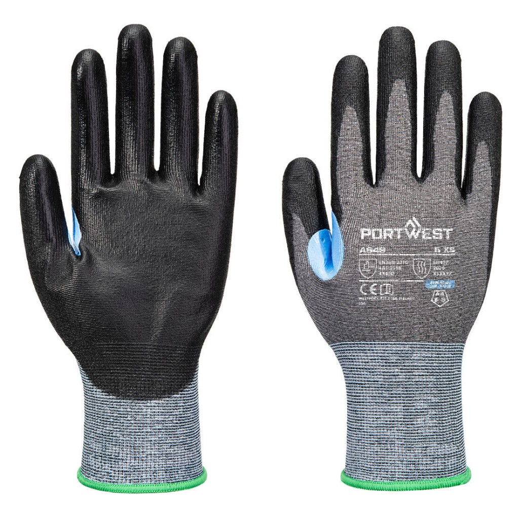 A pair of grey work gloves with cut-level D21 protection, a textured grip palm, and an elasticated cuff for a secure fit.