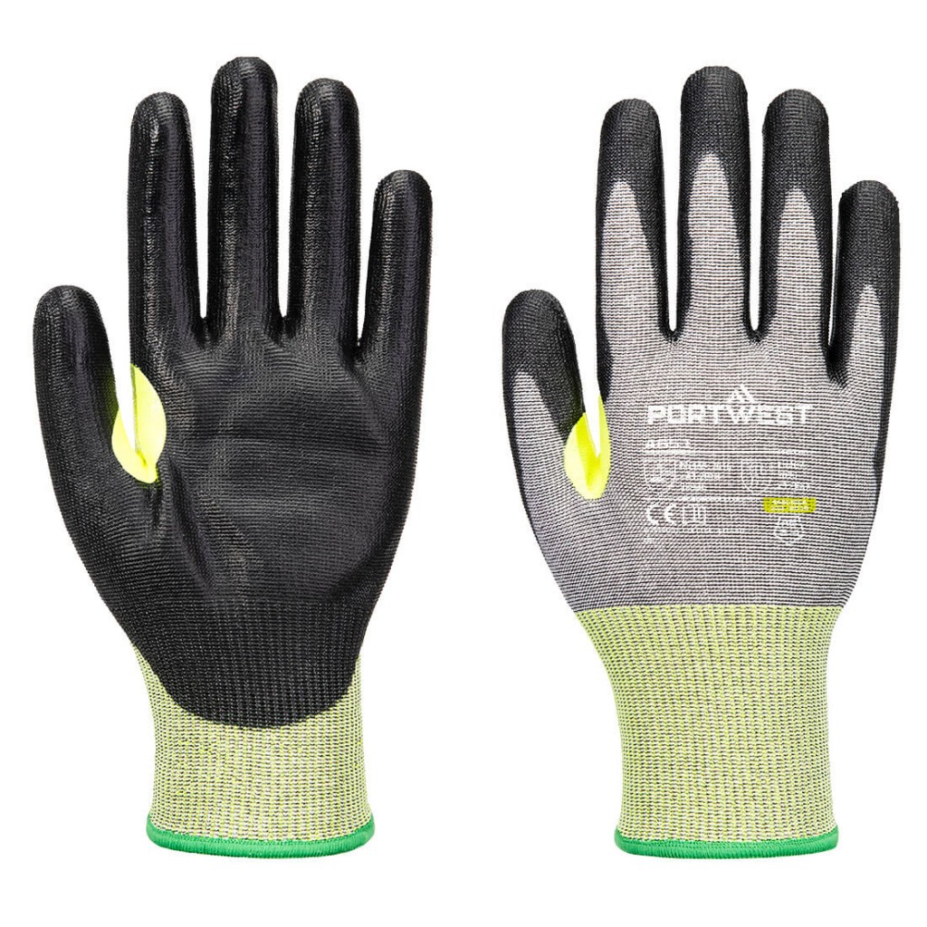 A pair of grey work gloves with cut-level E15 protection, a textured grip palm, and an elasticated cuff for a secure fit.