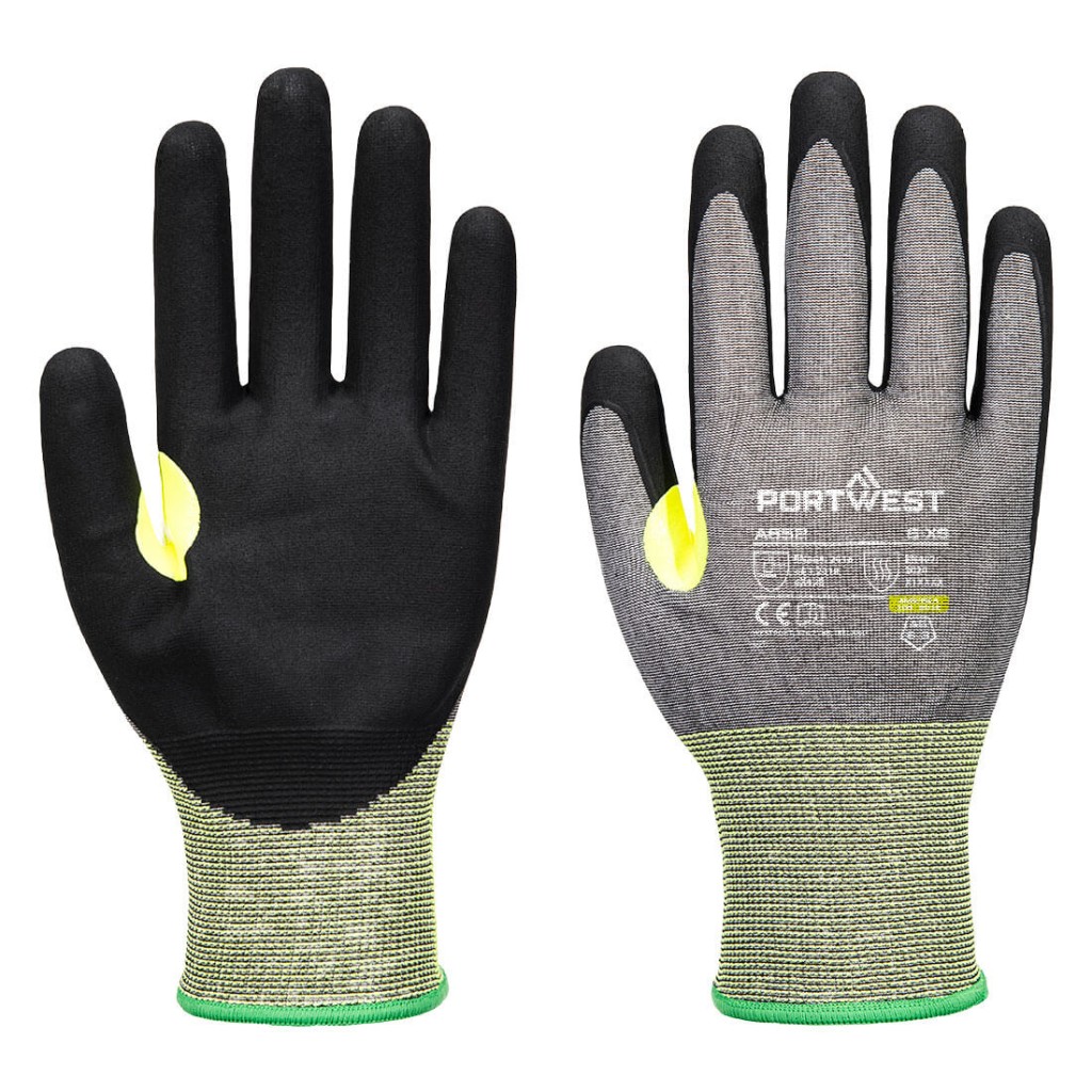 A pair of grey work gloves with cut-level E21 protection, a textured grip palm, and an elasticated cuff for a secure fit.