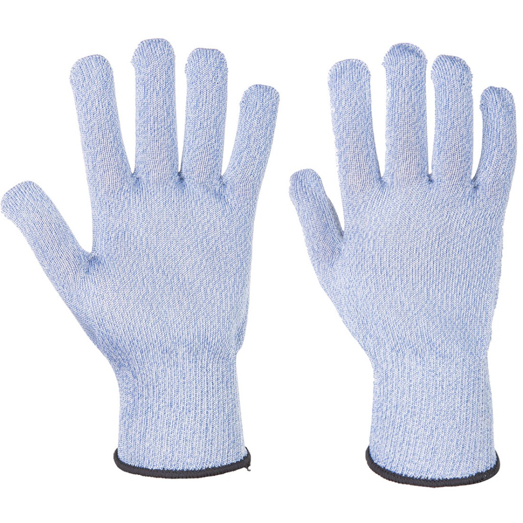 A pair of blue work gloves with cut-level D13 protection, a textured grip palm, and an elasticated cuff for a secure fit.