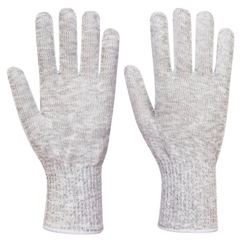 A pair of grey work gloves with cut-level F10 protection, a textured grip palm, and an elasticated cuff for a secure fit.