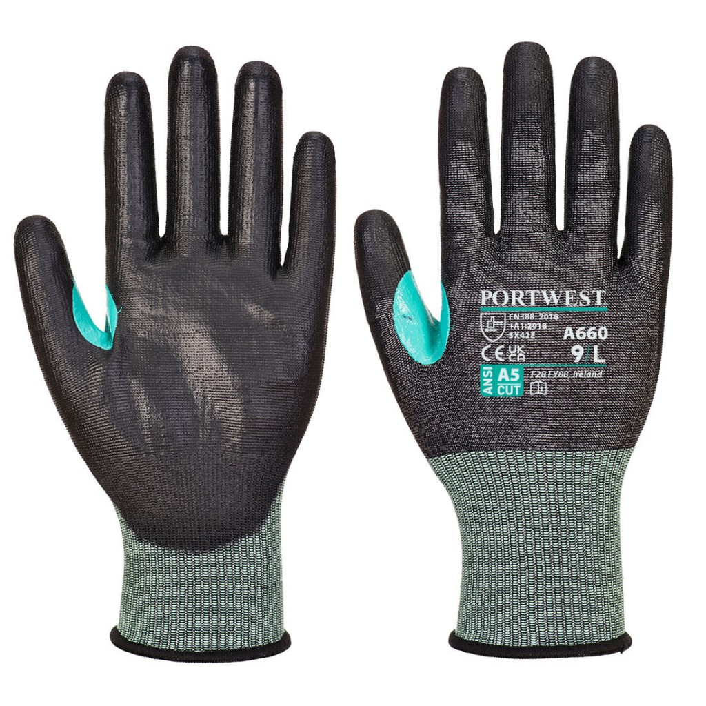 A pair of black work gloves with cut-level E18 protection, a textured grip palm, and an elasticated cuff for a secure fit.