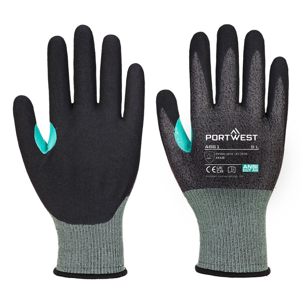 A pair of black work gloves with cut-level E18 protection, a textured grip palm, and an elasticated cuff for a secure fit.