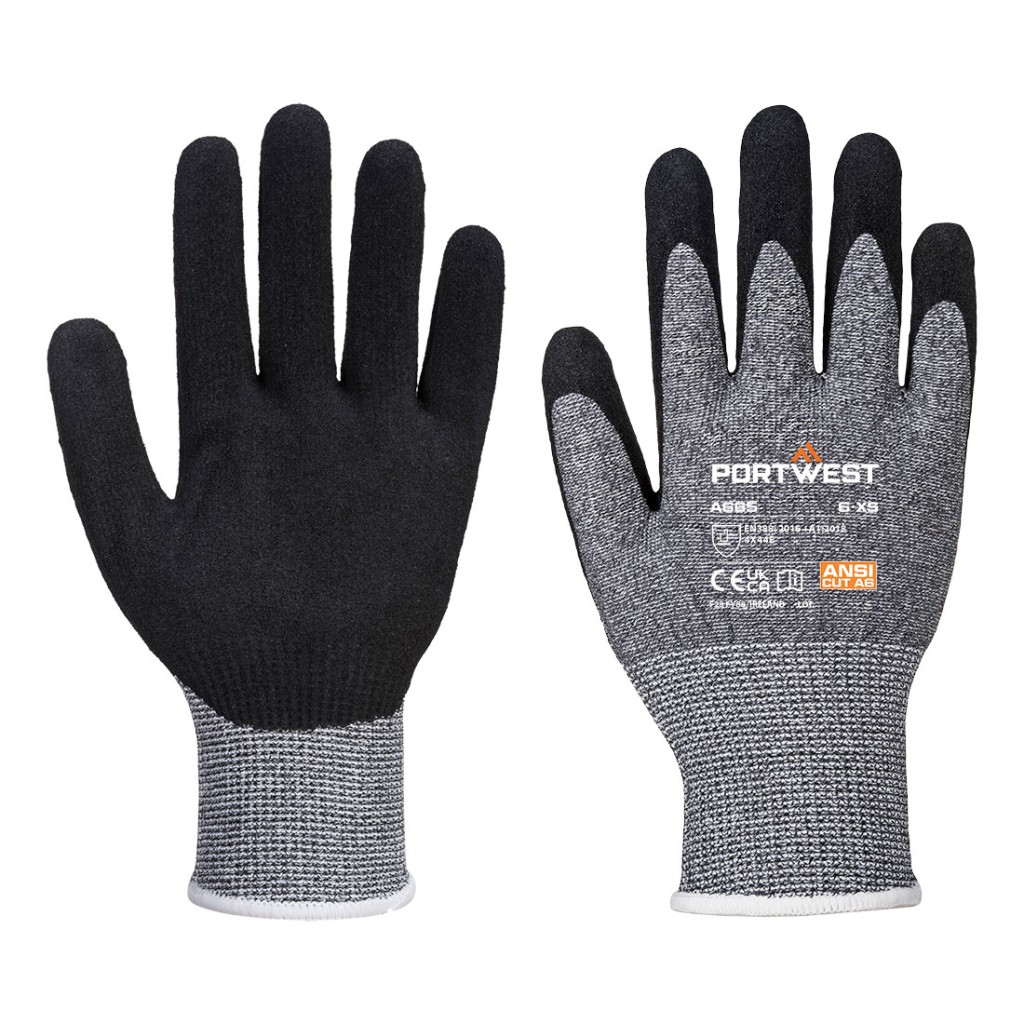 A pair of grey work gloves with cut-level E13 protection, a textured grip palm, and an elasticated cuff for a secure fit.