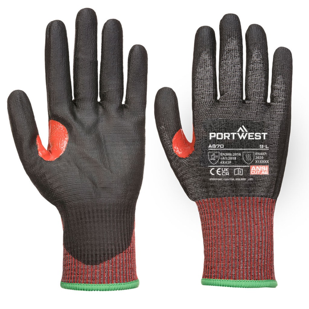 A pair of black work gloves with cut-level F13 protection, a textured grip palm, and an elasticated cuff for a secure fit.