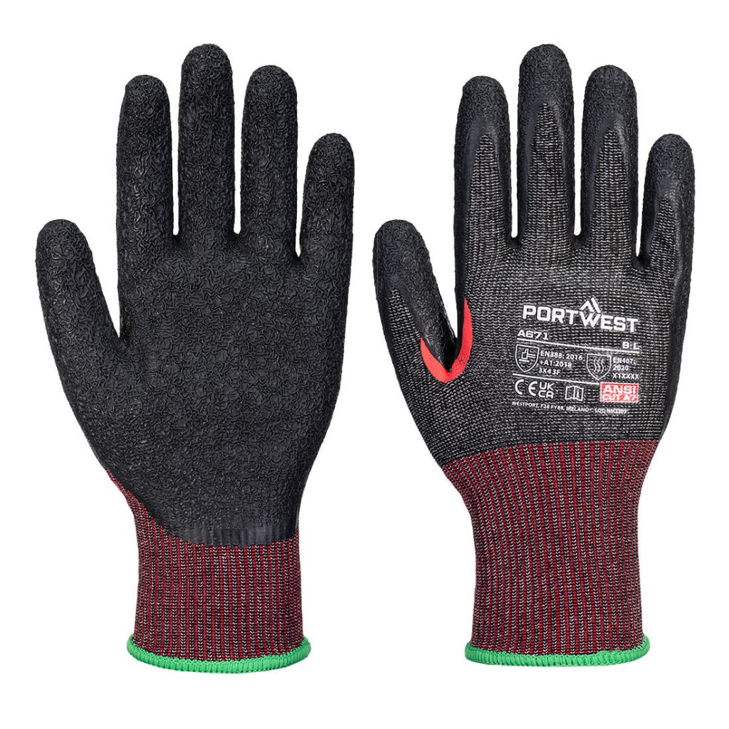 A pair of black work gloves with cut-level F13 protection, a textured grip palm, and an elasticated cuff for a secure fit.