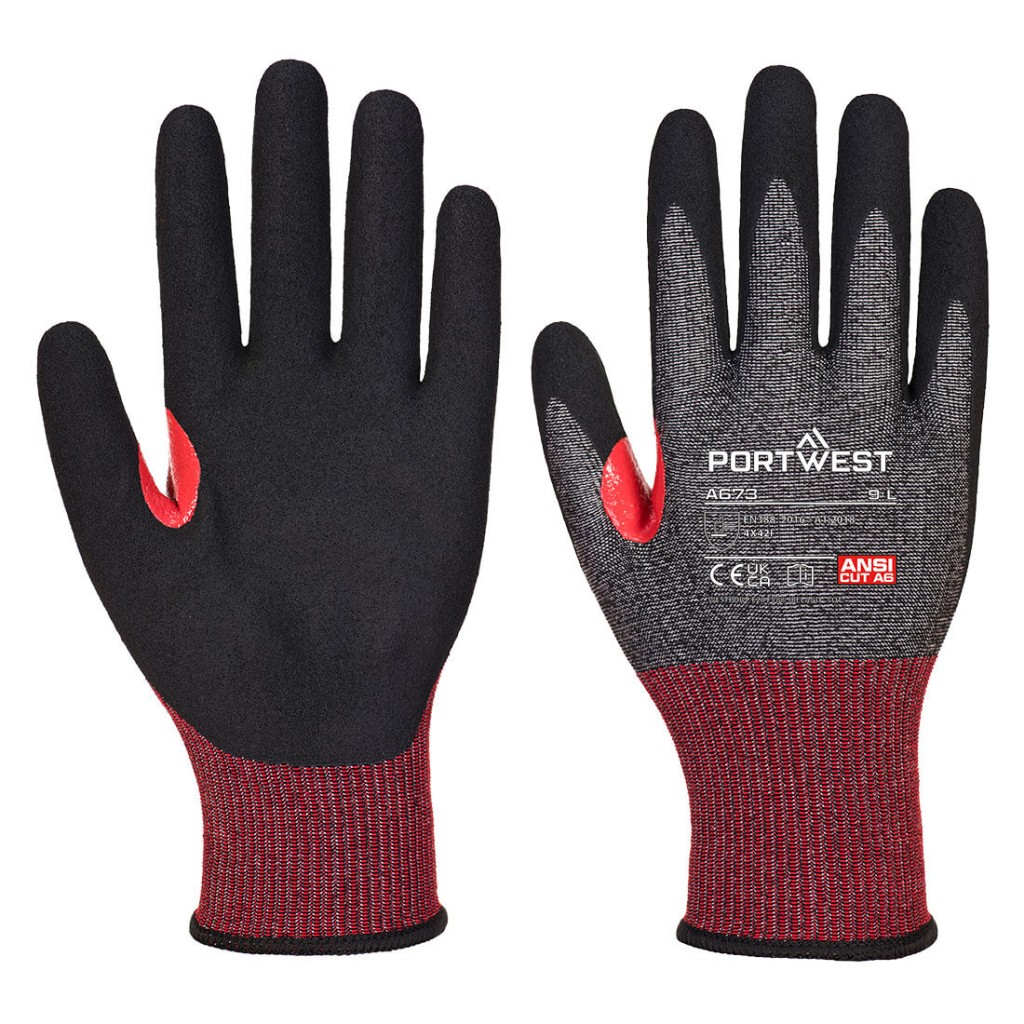 A pair of black work gloves with cut-level F18 protection, a textured grip palm, and an elasticated cuff for a secure fit.