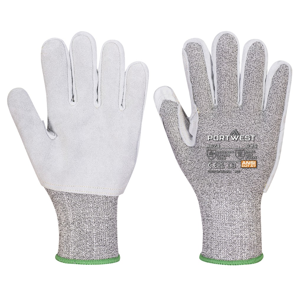 A pair of black work gloves with cut-level F13 protection, a textured grip palm, and an elasticated cuff for a secure fit.