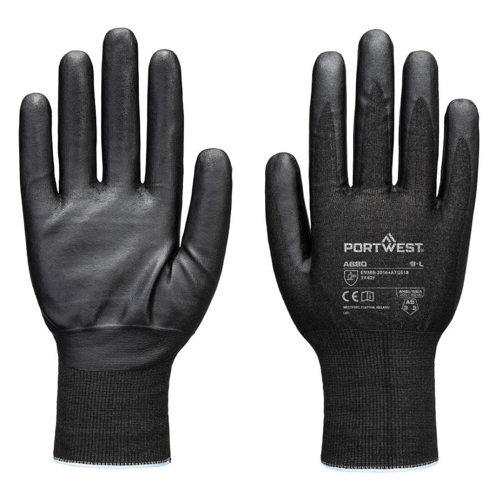 A pair of black work gloves with cut-level F21 protection, a textured grip palm, and an elasticated cuff for a secure fit.
