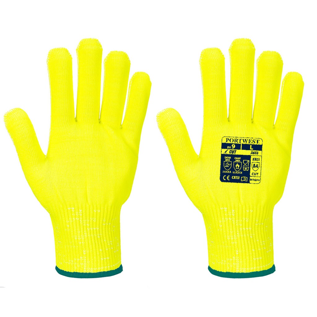 A pair of yellow work gloves with cut-level D13 protection, a textured grip palm, and an elasticated cuff for a secure fit.