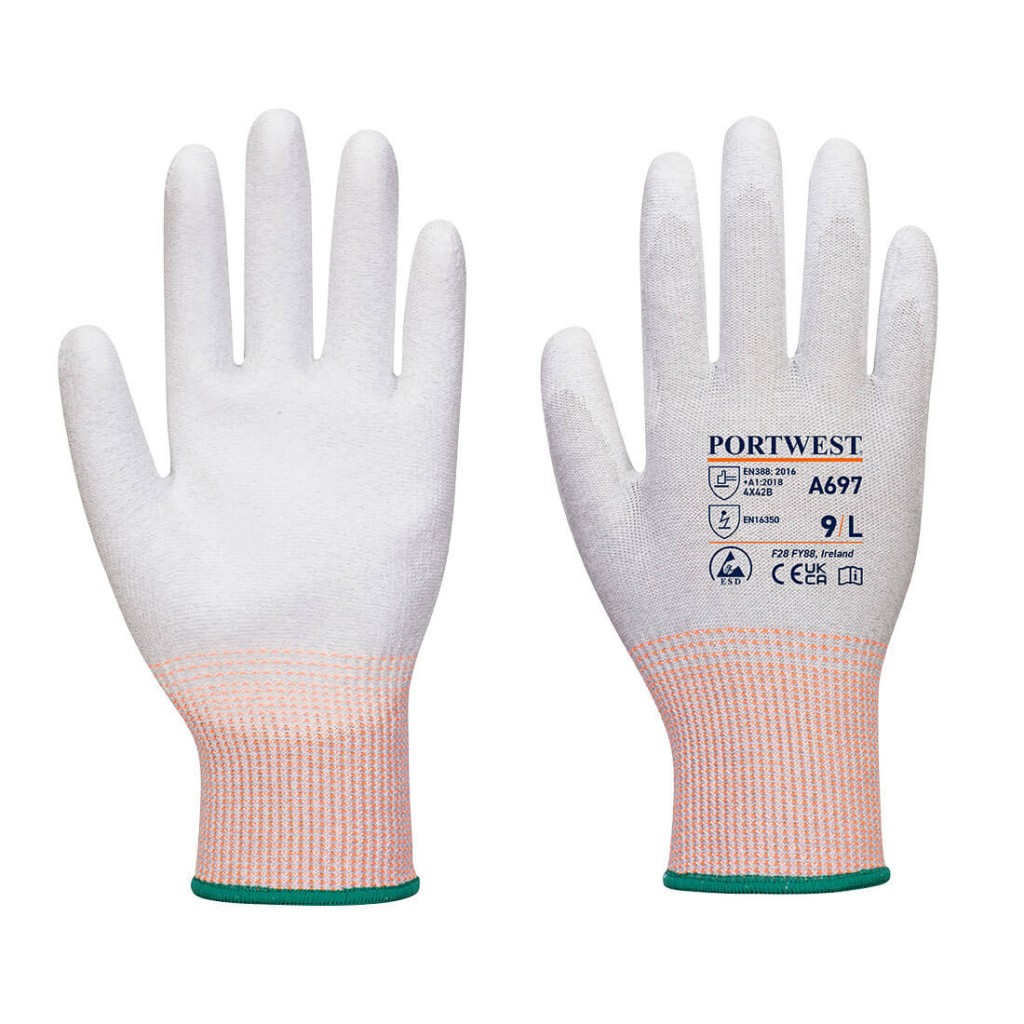 A pair of grey work gloves with a textured grip palm and adjustable wrist closure, designed for general site use.